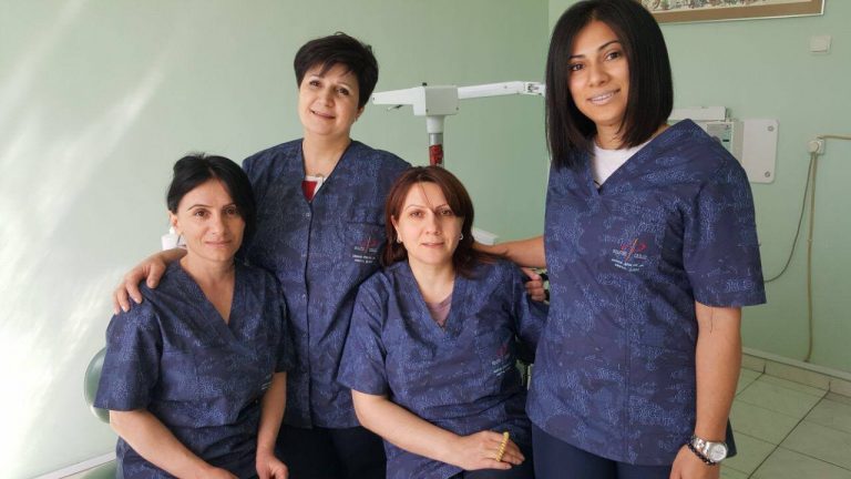 The wonderful staff at the Apelian Dental Clinic at the Prkutyun Center 
love their new made in Armenia scrubs.
