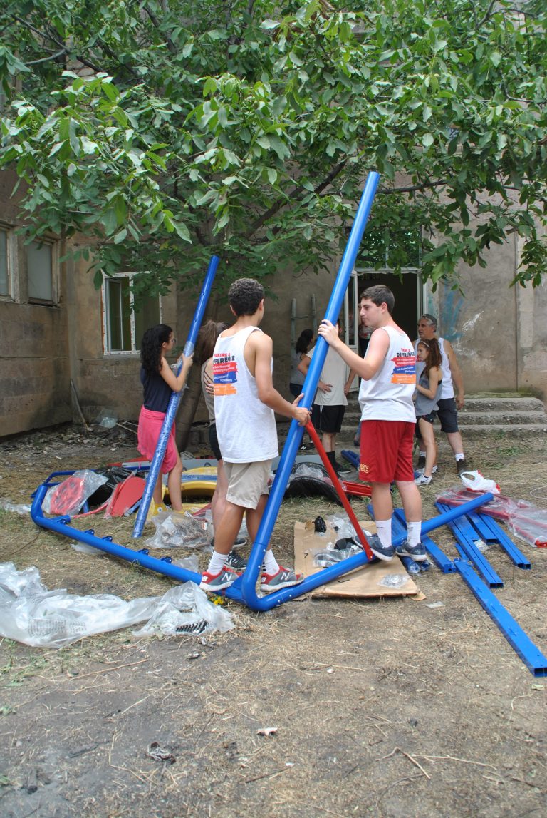 The play structure being assembled.