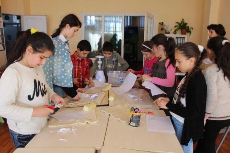 Students at Ghoghanj are preparing materials for paper recycling along with representatives from the Armenia Tree Project.
