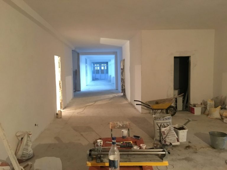 The administrative wing almost ready for paint.