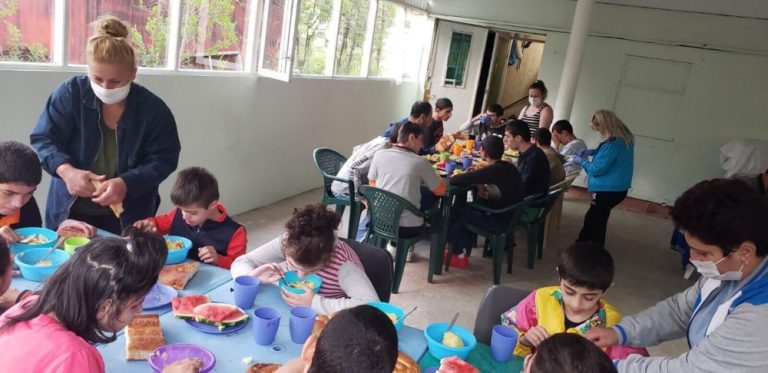 Lunchtime in the camping facilities at Lake Sevan during the Kharpert Home weeklong excursion.