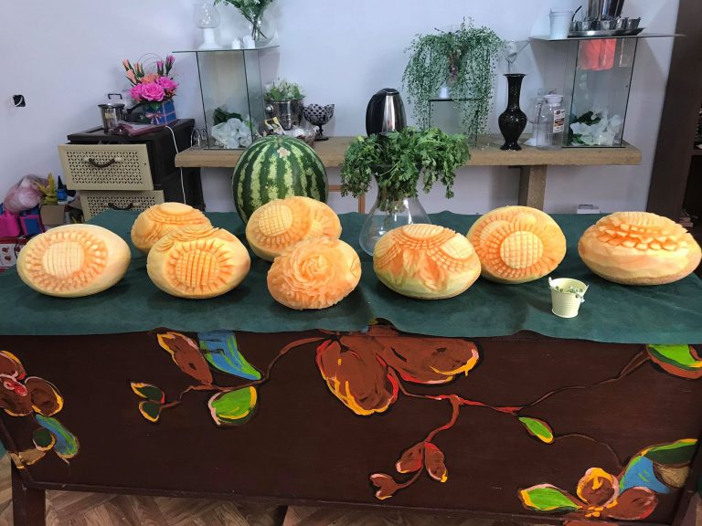 Student's carvings on display following class.