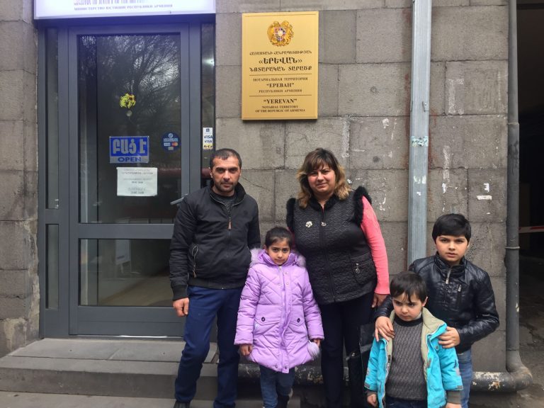 The Matevosyan Family leaving the Notary in Yerevan following the signing of their purchase agreement for their new apartment and The Paros Foundation gifting agreement.
