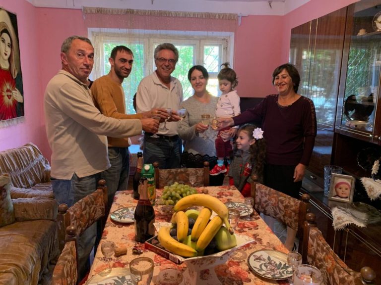 The Sahakyan Family joined by our Sevan Amirians, Paros Project Manager, and Vahan Tumasyan, President of the Shirak Center NGO's toasting to a new beginning.