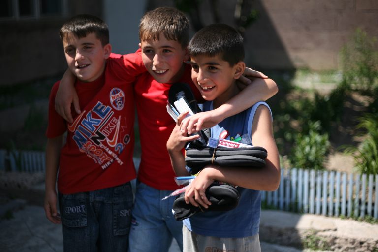 During distributions in the town of Masis (Armavir Region) children also received dental hygiene supplies along with their new shoes.